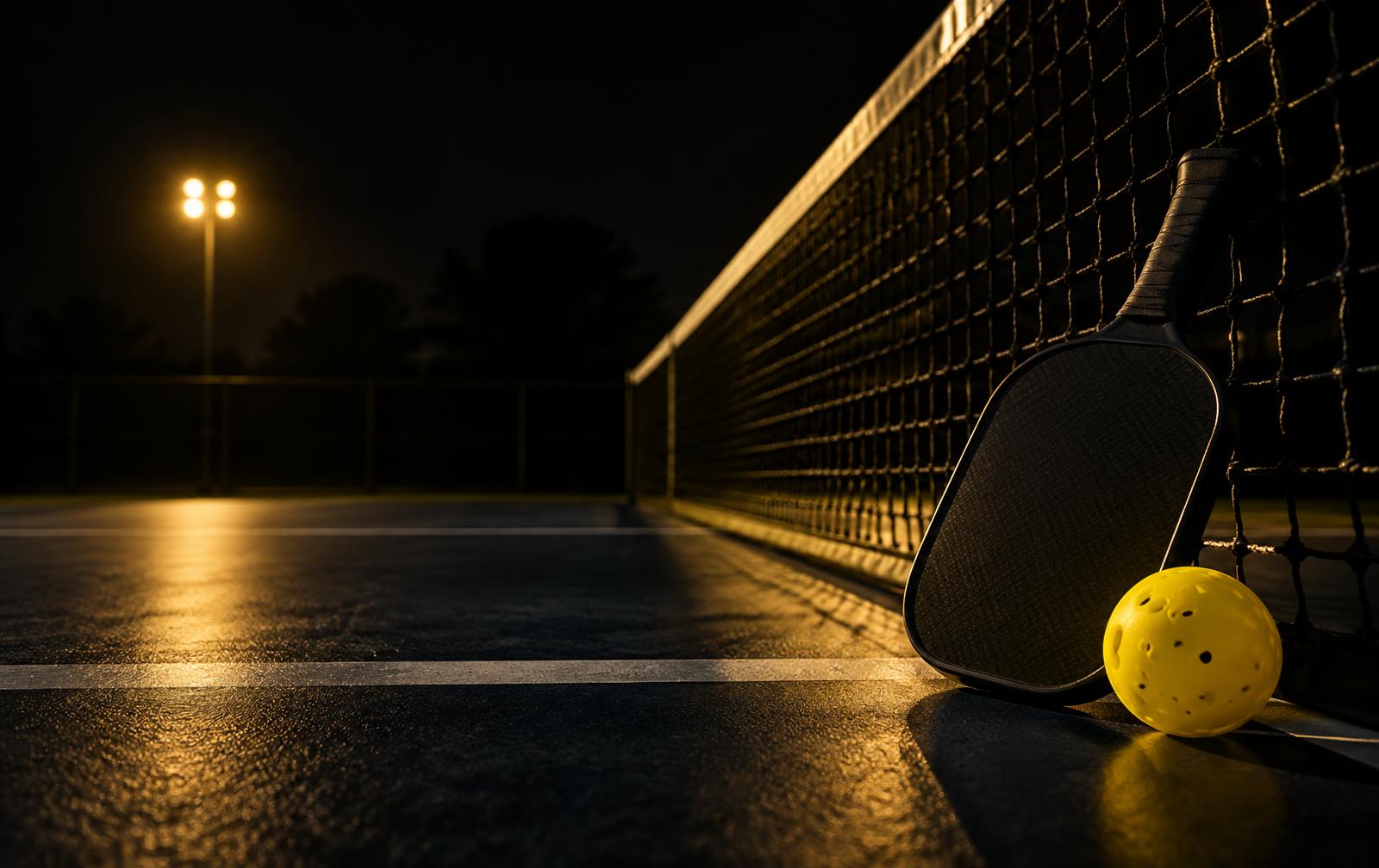 Pickleball paddle and ball at the net under court lights